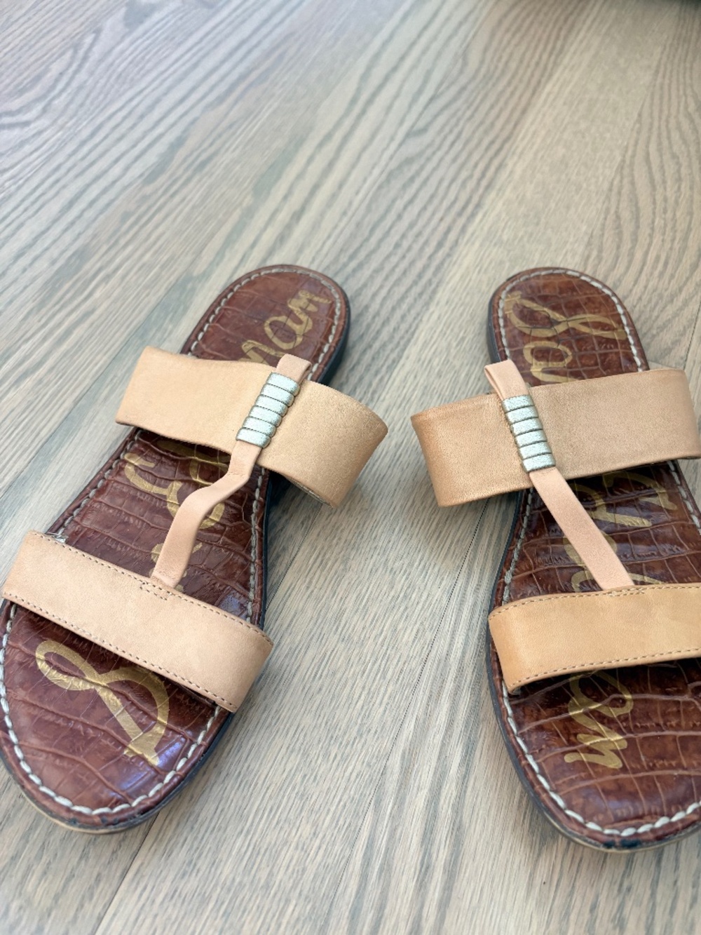 Sam Edelman Nude/Tan Leather Slide Sandals with Silver Accent